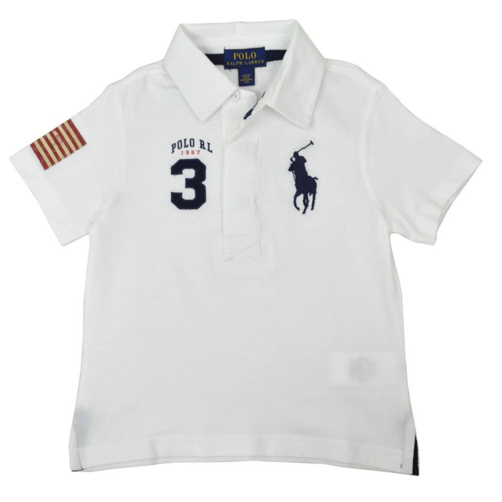 Polo Ralph Lauren Boys Kids White Blue USA Big Pony Polo Shirt- S 8